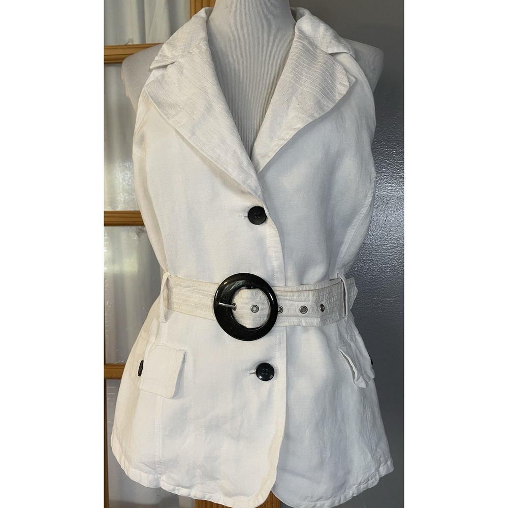 Sherry Taylor Collared Halter Top 1X Buckle Belt Button Up Off White Sleeveless